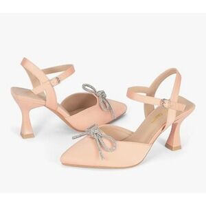 New Gorgeous Women's Peachy Pink Satin Heels with Rhinestone Bow, Size 8
